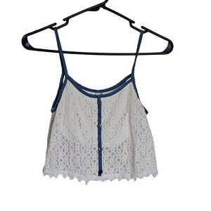 Paper Crane White Laced Crop Top with Button & Blue Detail - Womens XS - Spring